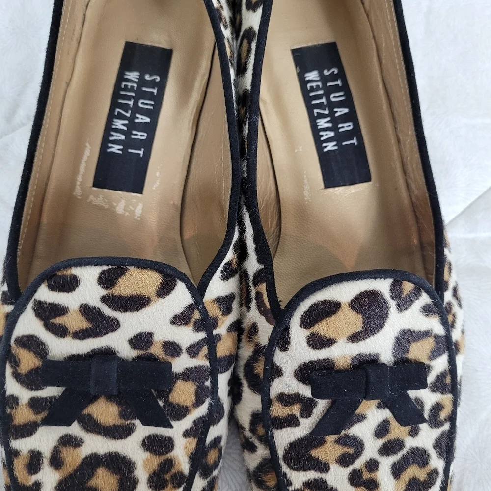 Stuart Weitzman calf hair classic leopard print loafers black bow heel office 6